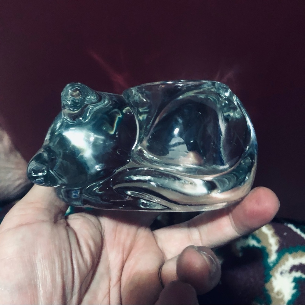Sleeping cat candle holder, vintage glass cat candle holder, collectible.